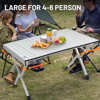 TIMBER RIDGE Folding Camping Table Adjustable Height, 4-6 Person Lightweight Aluminum Roll-up Table for Camping Outdoor Picnic BBQ Backyard Party Support 220 lbs, Silvery