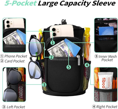 32/40/64/87/128 oz Water Bottle Carrier Bag, Neoprene Water Bottle Sleeve with 4 Pocket, Sport Water Holder with Paracord Handle and Shoulder Strap for Walking Hiking Camping Gym