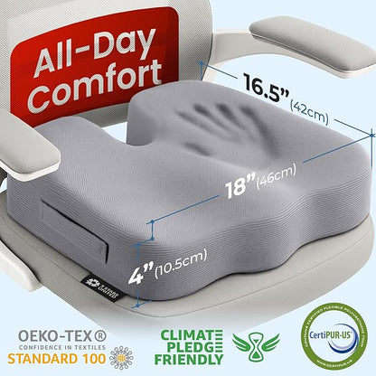 5 STARS UNITED Seat Cushion for Tailbone Pain Relief – Large Memory Foam Cushion for Coccyx, Hip, Sciatica & Post-Surgery Recovery – Wheelchair, Car, Desk, Gaming & Office Chairs, Light Gray