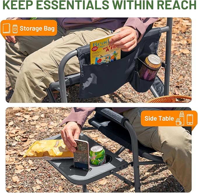 TIMBER RIDGE XXL Foldable Directors Chair with Side Table, Extra Wide Camping Chairs for Adults Heavy Duty Supports 500 lbs, Oversized Folding Lawn Chair for Picnic Beach Sports Fishing, Grey-2 Pack