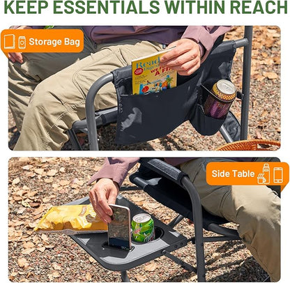TIMBER RIDGE XXL Foldable Directors Chair with Side Table, Extra Wide Camping Chairs for Adults Heavy Duty Supports 500 lbs, Oversized Folding Lawn Chair for Picnic Beach Sports Fishing, Grey-2 Pack