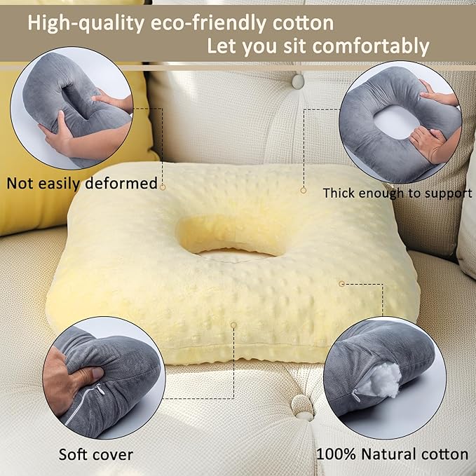 Donut Pillow for Tailbone Pain Relief, Wheelchair Cushion for Hemorrhoids and Bed Sores, Pregnancy, Donut Pillow Suitable for Office, Long Travel, Car and Home Sofa(Goose Down Yellow-Bean)