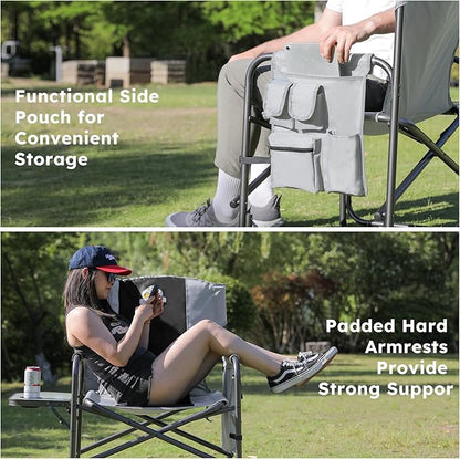 Oversized Directors Camping Chair Support 600 LBS, Heavy Duty Folding Outdoor Chairs with Detachable Side Pocket and Adjustable Side Table for Outside Beach,Lawn,Fishing (Black)