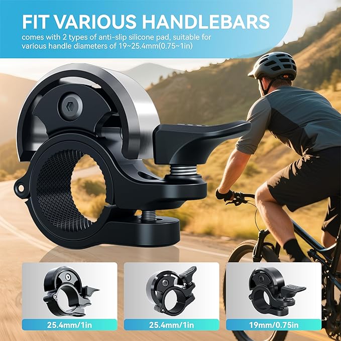 Greallthy Bike Bell, Aluminum Alloy Bicycle Bell with Clear Loud Sound, Bike Bells for Adults and Kids, Sturdy and Compact Bell Fits 0.75-1in(19-25.4mm) Handlebar for Mountain, Road Bikes.