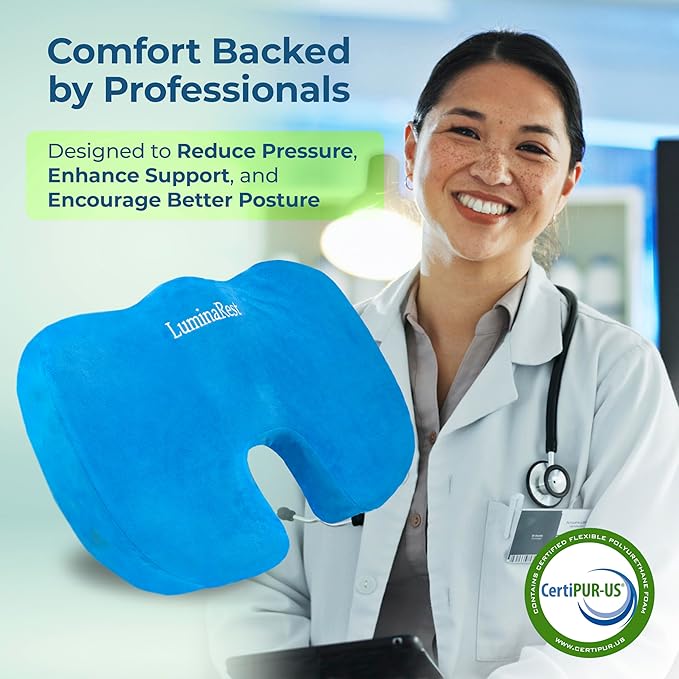 LuminaRest® Gel Seat Cushion for Tailbone Pain Relief – CertiPUR-US® Certified Memory Foam Office Chair Cushion, Car Seat Cushion for Sciatica & Back Support – Ergonomic U-Shaped Design (Blue)