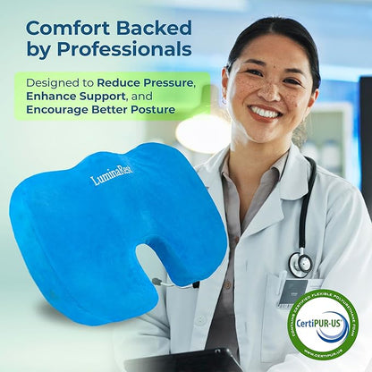 LuminaRest® Gel Seat Cushion for Tailbone Pain Relief – CertiPUR-US® Certified Memory Foam Office Chair Cushion, Car Seat Cushion for Sciatica & Back Support – Ergonomic U-Shaped Design (Blue)