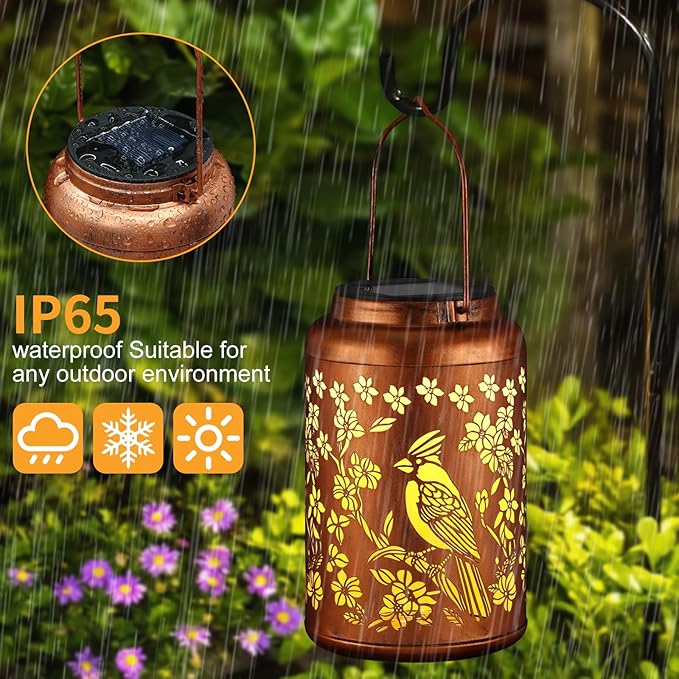Cardinal Solar Lanterns Outdoor Waterproof Garden Decor Birthday Gifts for Women Mom Grandma Hanging Lights Metal Decoration Outside for Yard, Patio,Backyard,Porch(Red Bird)