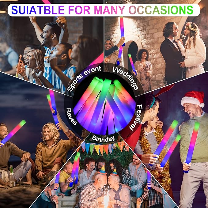 LifBetter 30 Pcs Foam Glow Sticks Bulk,Led Glow Sticks with 3 Modes Colorful Flashing,Long Life Battery Glow In The Dark Party Supplies for Weddings,Parties,Festivals,Sporting Events