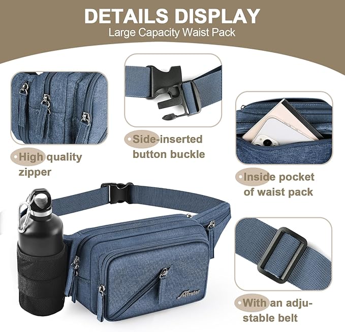 Fanny Pack Waterproof Waist Bag Pack Men Women Hip Bum Bag With Water Bottle Holder Adjustable Strap Suitable For Outdoors Workout Traveling Hiking Cycling Dog Walking Pouch Bag(Blue)