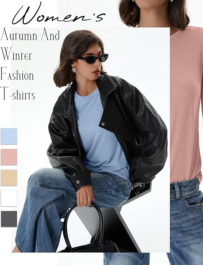 Huukeay 5 Pack Women's Crew Neck Long Sleeve Shirts, Cotton Blend Casual Clothes Workout Basic Layering Tee Tops Multipack