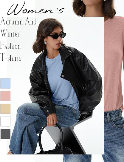 Huukeay 5 Pack Women's Crew Neck Long Sleeve Shirts, Cotton Blend Casual Clothes Workout Basic Layering Tee Tops Multipack