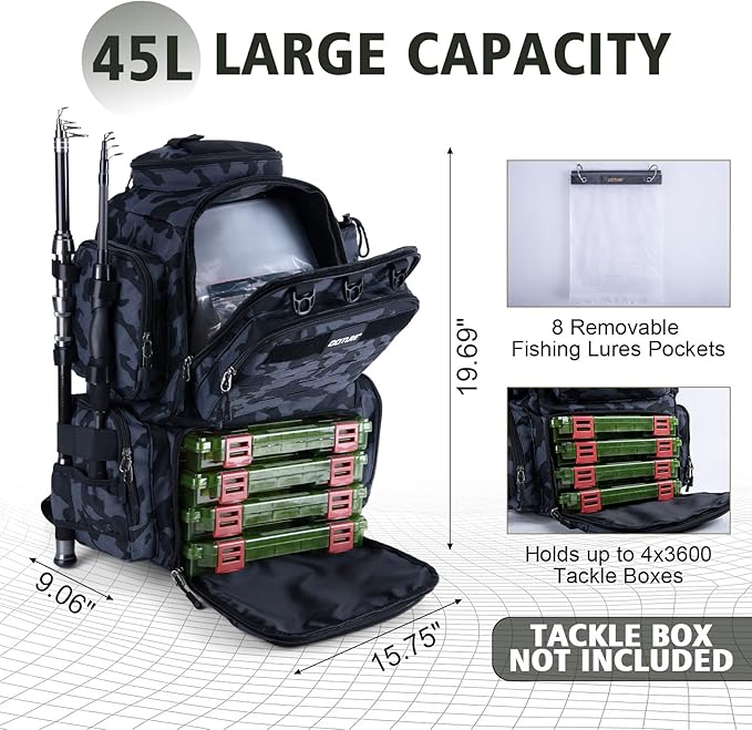 Goture Fishing Backpack, 900D Water-Resistant Tackle Backpack with Rod Holders, 45L Large Fishing Bag Storage Gear Tackle Bag with 8 Lure Pockets, Rain Cover for Camping Hiking(Without Tackle Box)
