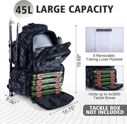 Goture Fishing Backpack, 900D Water-Resistant Tackle Backpack with Rod Holders, 45L Large Fishing Bag Storage Gear Tackle Bag with 8 Lure Pockets, Rain Cover for Camping Hiking(Without Tackle Box)