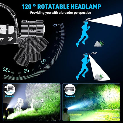 Sinvimes High Lumen LED Rechargeable Headlamp, 95H Long Battery Life Head Lamp with 5 Modes & IPX7 Waterproof & Zoomable, 120° Adjustable Head Light for Adults, Outdoor, Camping, Hardhat