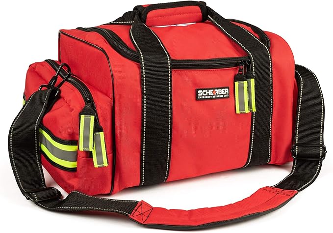 Scherber First Responder Fully-Stocked Large Professional Essentials EMT/EMS Trauma Kit | HSA/FSA Approved | Reflective Bag w/8 Zippered Pockets & Compartments & 250+ First Aid Supplies (Red)