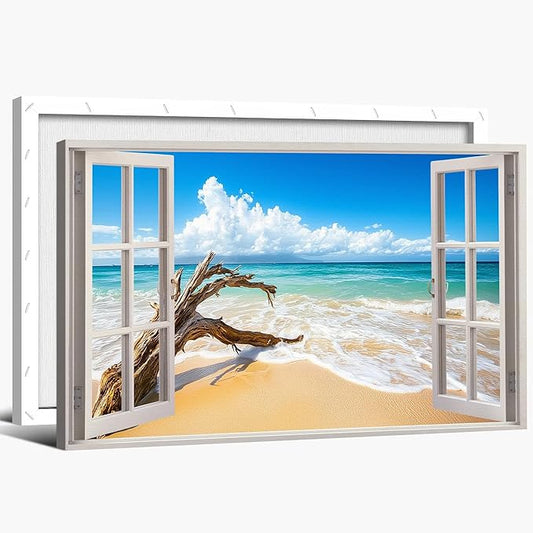 ANRUOXI Beach Pictures Wall Art Decor for Living Room, Blue Ocean Painting Decor for Bedroom, White Window Frame Style Broken Tree Canvas Wall Decor, Coastal Landscape Artwork for Office 32x48 Inch