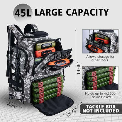 Goture Fishing Backpack,900D Water-Resistant Tackle Backpack with Rod Holders,45L Large Fishing Bag Storage Gear Tackle Bag with Rain Cover,Bottle Holder for Travel Camping Hiking(Without Tackle Box)