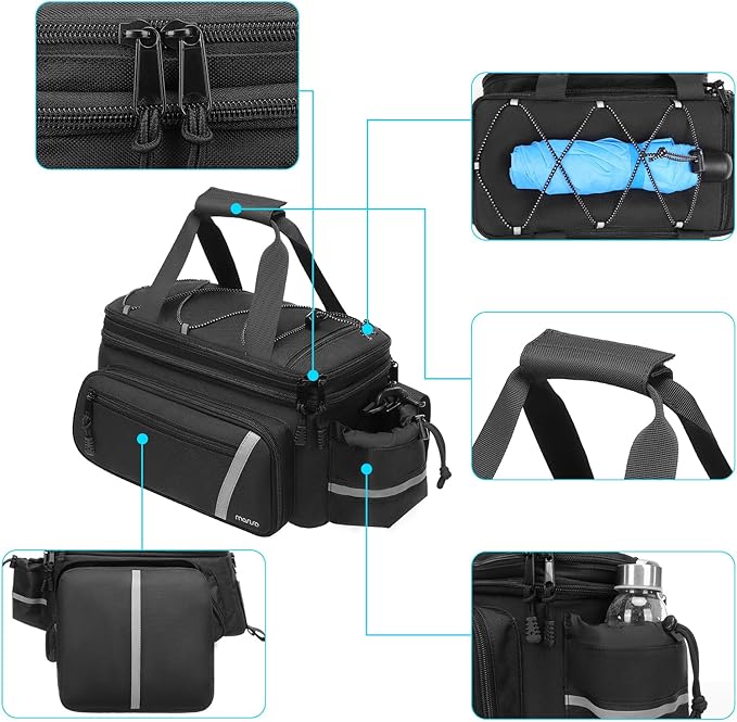 MOSISO Bike Rack Bag with Rain Cover, Bike Trunk Cooler Handag Insulated Bicycle Rear Seat Pouch with 2 Side Foldable Panniers, 8L Cycling Backseat Storage Cargo Saddle Shoulder Bag, Black