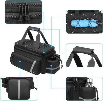 MOSISO Bike Rack Bag with Rain Cover, Bike Trunk Cooler Handag Insulated Bicycle Rear Seat Pouch with 2 Side Foldable Panniers, 8L Cycling Backseat Storage Cargo Saddle Shoulder Bag, Black