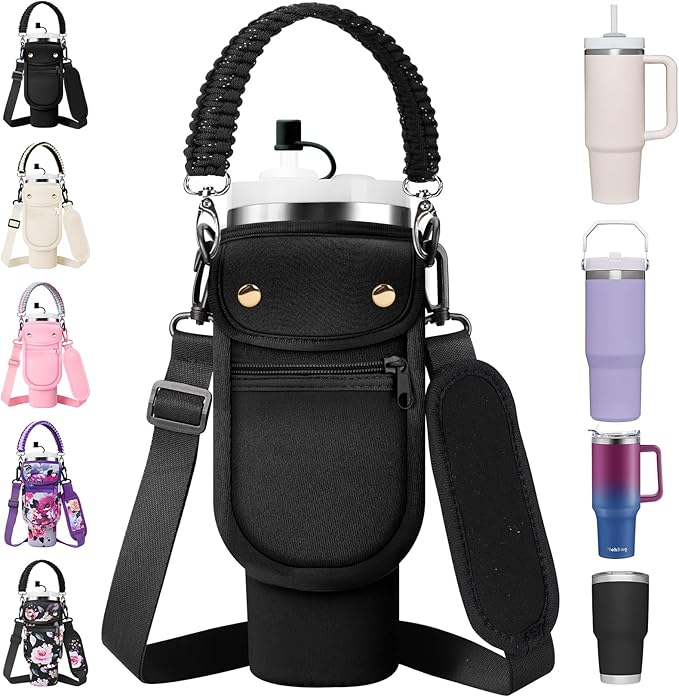 Water Bottle Carrier Bag with Phone Pocket for Stanley 40/30 oz Tumbler Neoprene Insulated Mug Sleeve Pouch with 2 Pockets & Adjustable Strap & Straw Cover for Stanley Cup Accessories