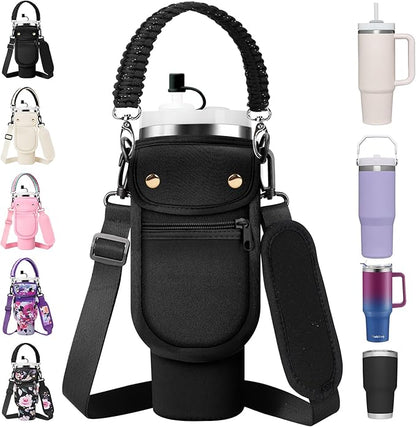 Water Bottle Carrier Bag with Phone Pocket for Stanley 40/30 oz Tumbler Neoprene Insulated Mug Sleeve Pouch with 2 Pockets & Adjustable Strap & Straw Cover for Stanley Cup Accessories
