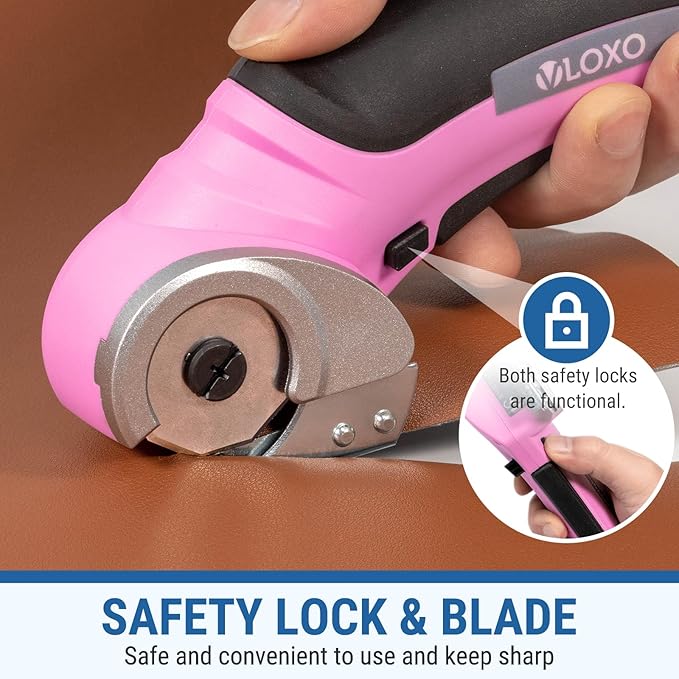 VLOXO Cordless Electric Scissors, Cardboard Cutter with Safety Lock 4.2V Electric Mini Cutter Power Rotary Scissors for Leather Felt Rug Box with Storage Box Pink