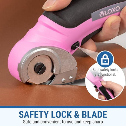 VLOXO Cordless Electric Scissors, Cardboard Cutter with Safety Lock 4.2V Electric Mini Cutter Power Rotary Scissors for Leather Felt Rug Box with Storage Box Pink