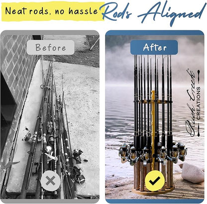 Rush Creek Creations Round 16 Fishing Rod Storage Rack - Features Traditional Handcrafted Wood Post - No Tool Assembly, Wood Grain Laminate