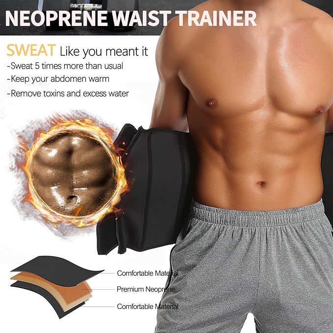 KIWI RATA Mens Workout Waist Trainer Corset Neoprene Sauna Sweat Trimmer Cincher Belt Extra Belly Compression Belts