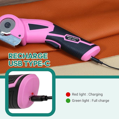 VLOXO Cordless Cardboard Cutter, Electric Scissors with Safety Lock, 4V Electric Fabric Cutter Rotary Powerful Fabric Scissors Recharge Multi-Cutting Tool for Carpet Leather Felt with Storage Box Pink