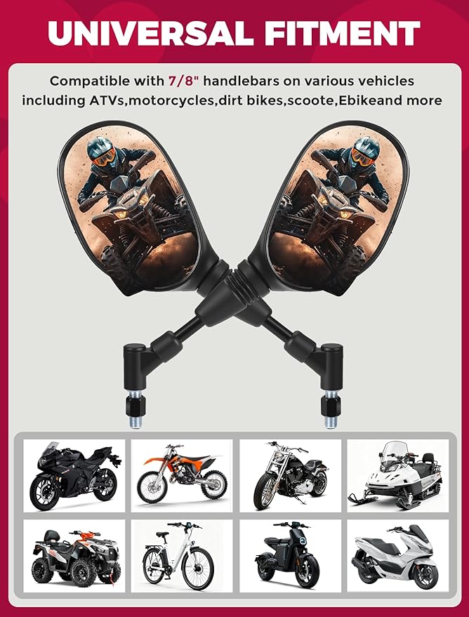 ATV Motorcycle Rearview Side Mirrors Universal 360 Degrees Ball-Type Adjustable 7/8" Handlebar Mount 8mm 10mm Adapters for Scooter Dirt Bike Snowmobile Moped EBike Polaris Sportsman Honda Rincon