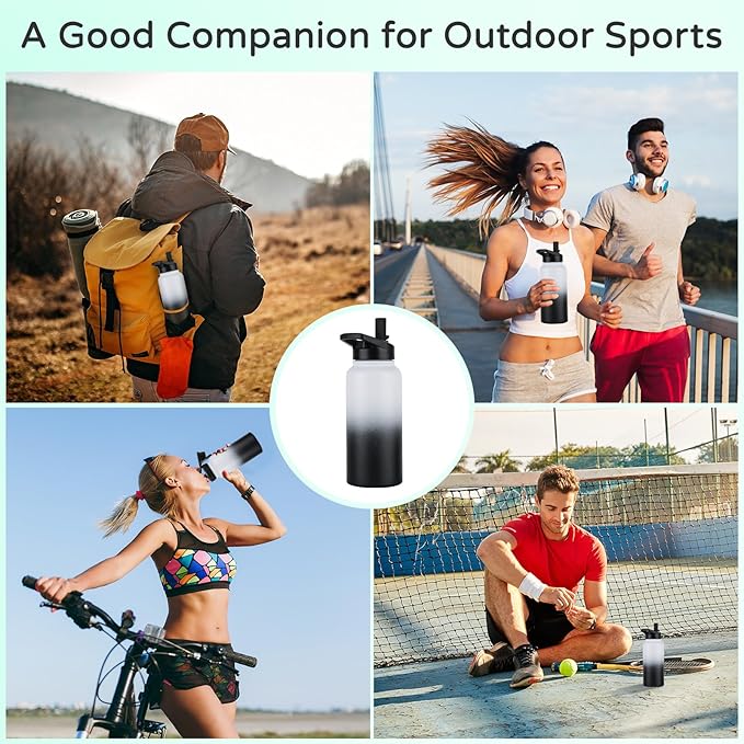 DOMICARE 32 oz Insulated Water Bottle Bulk, Vacuum Insulated Stainless Steel Sports Water Bottle with Straw Lid & Spout Lid, Leakproof, Reusable - Travel, Camping, Bike, Black White Gradient (4 Pack)