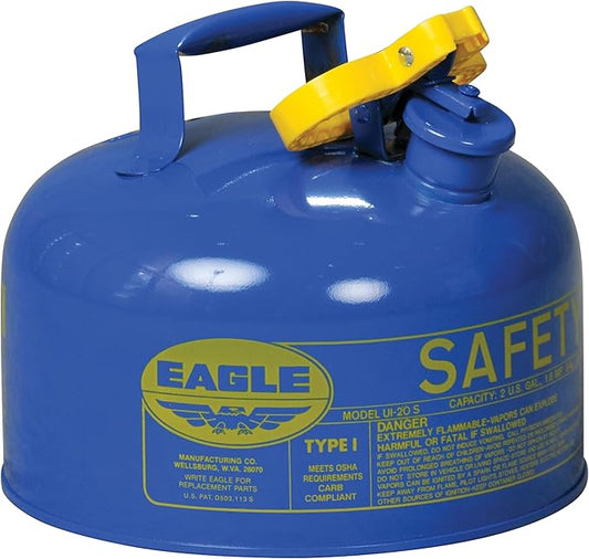 Eagle 2 Gallon Type I Blue Safety Gas Can for Kerosene with Flame Arrester and Self-Closing Lid, Made in the USA, Galvanized Steel Flammable Storage Can, UI20SB