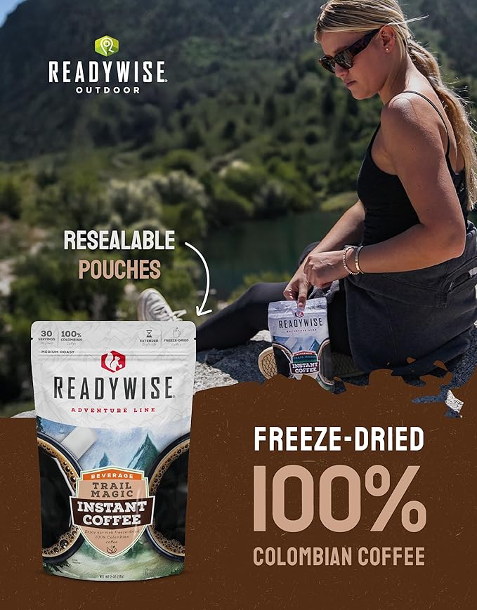 ReadyWise Adventure Line - Trail Magic Instant Coffee Packets, Freeze Dried Coffee, Survival Food for Backpacking Meals, Camping Essentials & Prepping Supplies, up to 15 Year Shelf Life, 6 Pouches