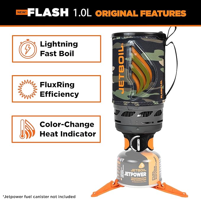 Jetboil Flash 1.0L Portable Fast Boil Stove for Camping and Backpacking with 1-Step Auto Ignition, New for 2025, Propane/Isobutane Burner with Cooking Cup