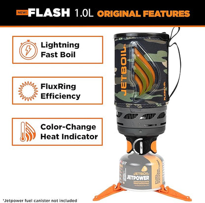 Jetboil Flash 1.0L Portable Fast Boil Stove for Camping and Backpacking with 1-Step Auto Ignition, New for 2025, Propane/Isobutane Burner with Cooking Cup