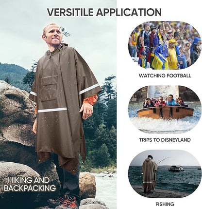 PTEROMY Hooded Rain Poncho for Adult with Pocket, Waterproof Lightweight Unisex Raincoat for Hiking Camping Emergency