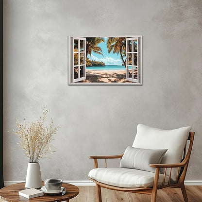 ANRUOXI Beach Wall Art, Window Frame Style Canvas Wall Decor Ocean, Blue Sea & Tropical Palm Tree Ocean Island Canvas, Paradise Scenery Nature Landscape Painting for Living Room Office Home 18x24 Inch