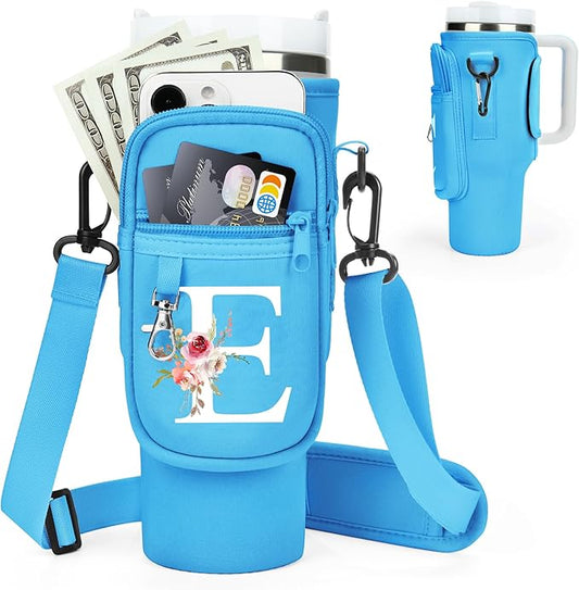 Initial Water Bottle Holder with Strap for Stanley 40 oz Tumbler/Simple Modern 40 oz Tumbler,Water Bottle Carrier Bag with Strap,Personalized A-Z Phone Pocket for Stanley Cup Accessories
