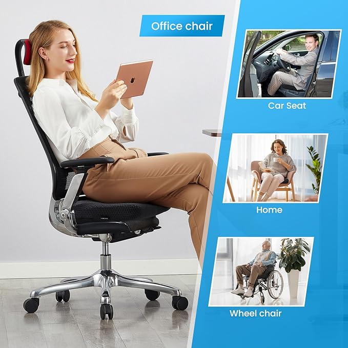 Office Chair Cushion - More Breathable Pressure Relief Seat Cushion with Hours Sitting on Gaming/Car/Wheelchair, Soft Extra-Dense Air Fiber for Orthopedic Coccyx, Sciatica & Hip Support