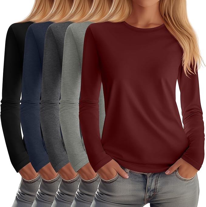 Huukeay 5 Pack Women's Crew Neck Long Sleeve Shirts, Cotton Blend Casual Clothes Workout Basic Layering Tee Tops Multipack