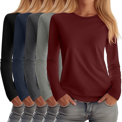 Huukeay 5 Pack Women's Crew Neck Long Sleeve Shirts, Cotton Blend Casual Clothes Workout Basic Layering Tee Tops Multipack
