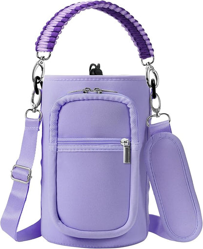 32/40/64/128 oz Neoprene Insulated Water Bottle Carrier Bag, Sling Bag Sleeve Pouch Holder with Strap & Paracord Handle and 2 Pocket for Travelling, Hiking, Camping