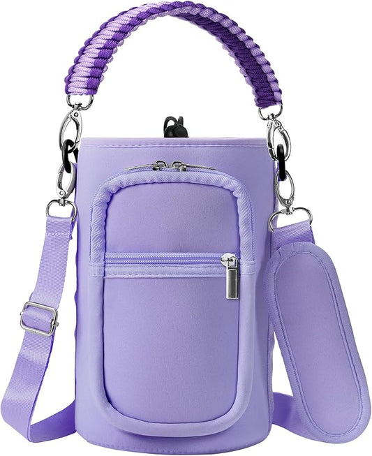 32/40/64/128 oz Neoprene Insulated Water Bottle Carrier Bag, Sling Bag Sleeve Pouch Holder with Strap & Paracord Handle and 2 Pocket for Travelling, Hiking, Camping