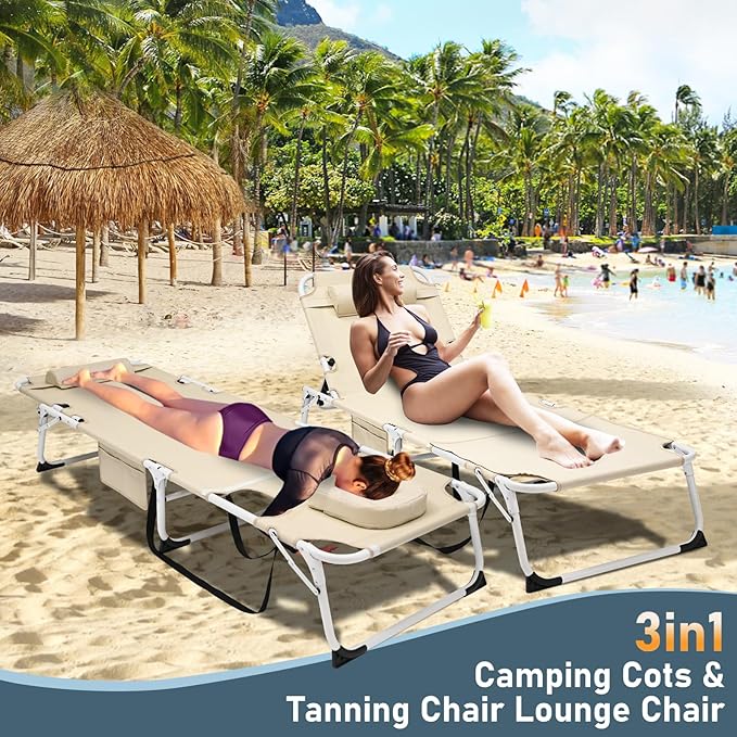 LILYPELLE Folding Chaise Lounge Chair with Mattress, 5 Position Beach Chair with Face Hole, Patio Chaise Lounge Chairs for Outside, Sunbathing, Camping, Pool, Beach, Poolside