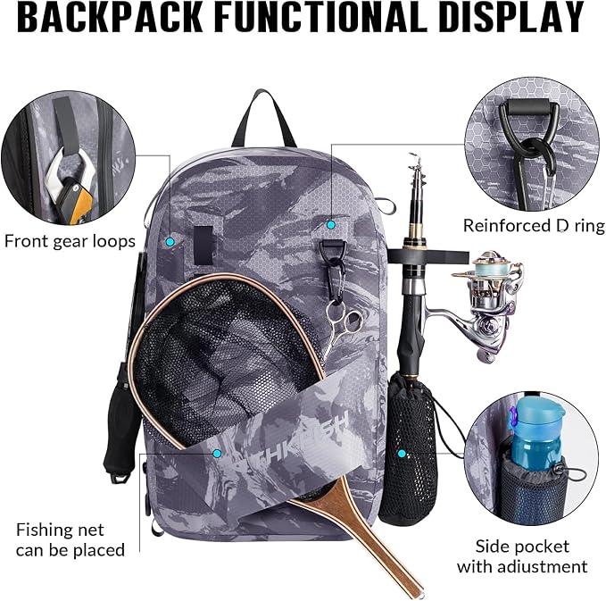 THKFISH IPX8 Waterproof Fishing Backpack with Rod Holder, Lightweight Fishing Sling Bag, Move Freely Fish Gifts for Men