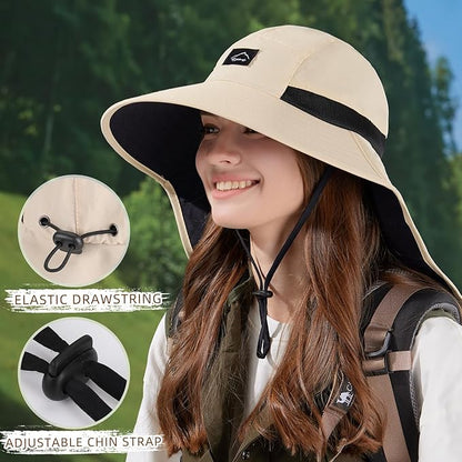 Rosoz Outdoor Sun Hat for Men Women, UPF50+ Protection Safari Cap Wide Brim Mesh Fishing Hat with Neck Flap Beach Garden