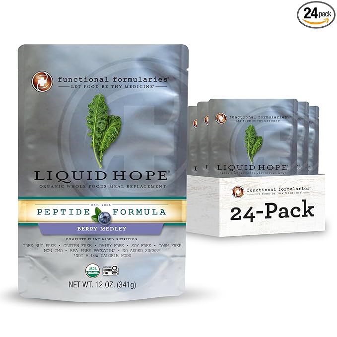 FUNCTIONAL FORMULARIES Liquid Hope Orgainc Peptide, Berry Medley, Tube Feed Formula, 23 g Protein, 7g Fiber, Meal Replacement, 12 Oz (24 Pack)