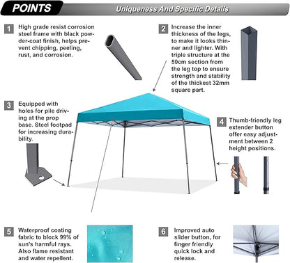 ABCCANOPY Stable Pop up Outdoor Canopy Tent 10 x 10 ft Base / 8 x 8 ft Top, Turquoise
