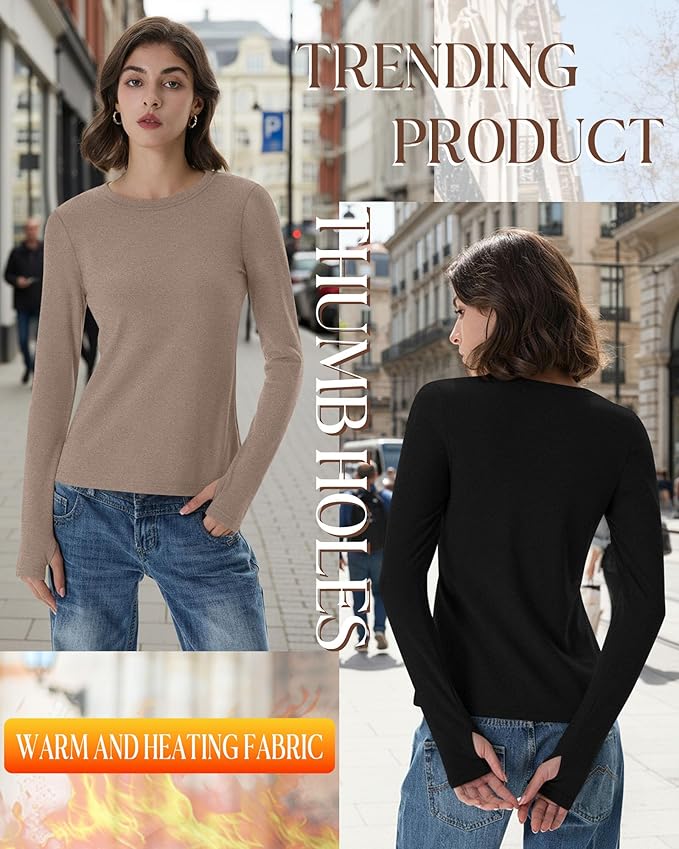 Neer 4 Pack Women's Fleece Thermal Long Sleeve Shirts, Thumb Holes Crew Neck Slim Fit Tops Warm Workout Basic Undershirt